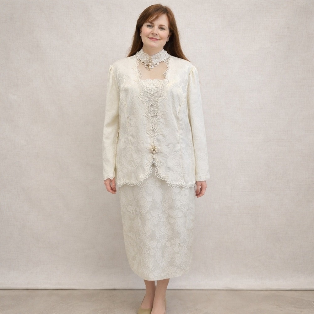 Scott McClintock Vintage‎ Ivory Floral Damask Faux 2 Piece Jacket Dress  16W